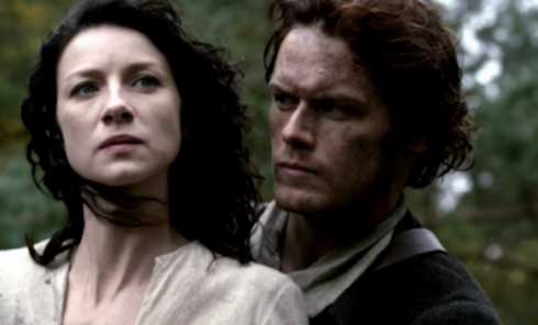 Caitriona Balfe as Claire Randall and Sam Heughan as Jamie Fraser in Outlander