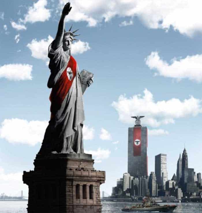 Images of German symbols on American symbols and cities.