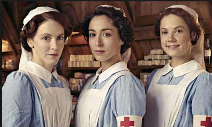 Marianne Oldham as Rosalie, Oona Chaplin as Kitty and Alice St. Clair as Flora in The Crimson Field