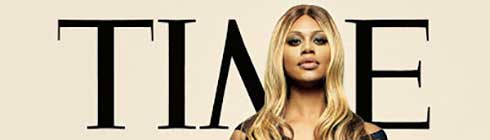 Laverne Cox in front of the TIME logo