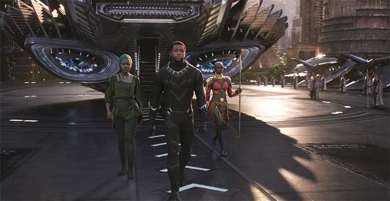 Chadwick Boseman, Danai Gurira, and Lupita Nyong'o in Black Panther
