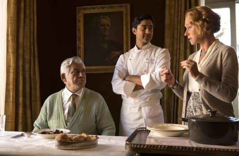 Om Puri, Manish Dayal, and Helen Mirren in The Hundred-Foot Journey