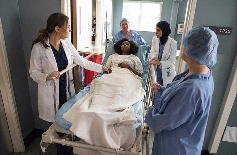 Linda Klein, Sophia Ali, Khalilah Joi, Elisabeth Finch, and Camilla Luddington in Grey's Anatomy