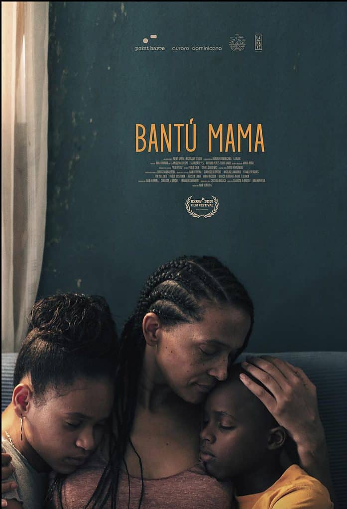 Euris Javiel, Scarlet Reyes, and Clarisse Albrecht  hug on the poster for Bantú Mama