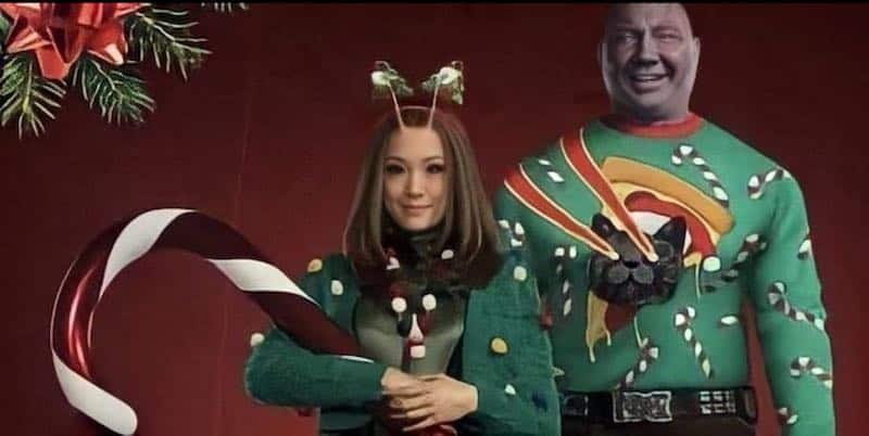 Dave Bautista as Drax and Pom Klementieff as Mantis in The Guardians of the Galaxy Holiday Special