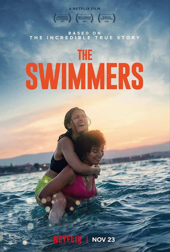 Poster for the Swimmers with Yusra and Sarah cavorting in the ocean after Yusra's win in Rio.