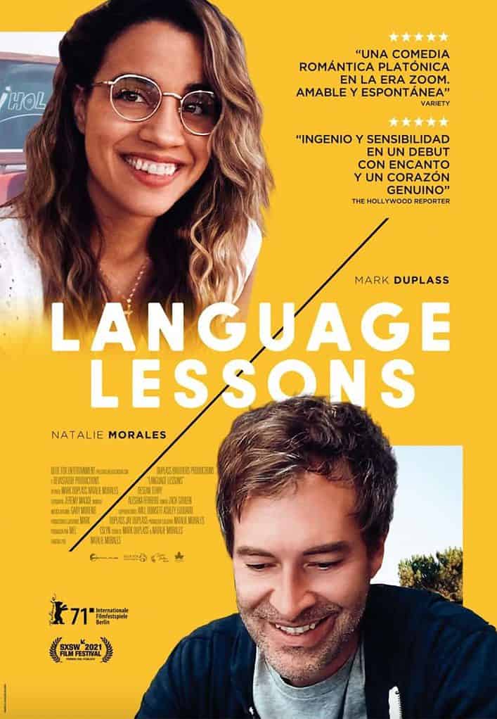 Natalie Morales and Mark Duplass on a poster for Language Lessons