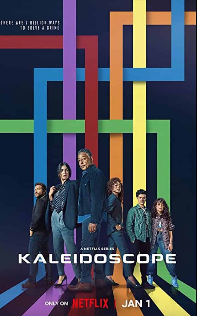 The poster for Kaleidoscope with bright colored stripes and the main characters