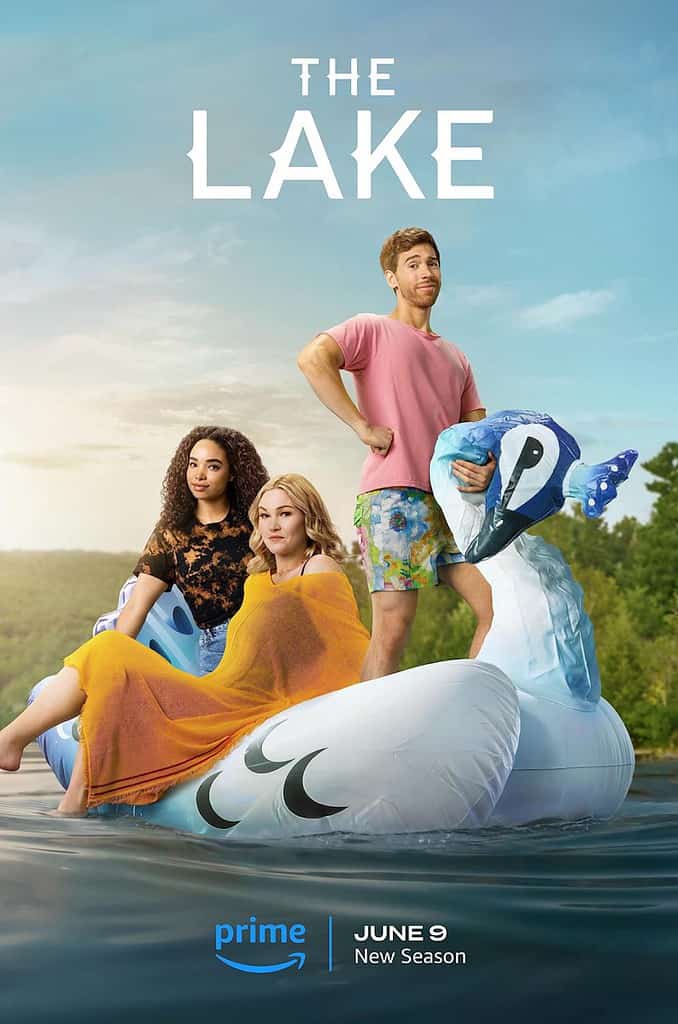 Poster for The Lake showing Jordan Gavaris, Julia Stiles and Madison Shamoun floating on a blow up swan.