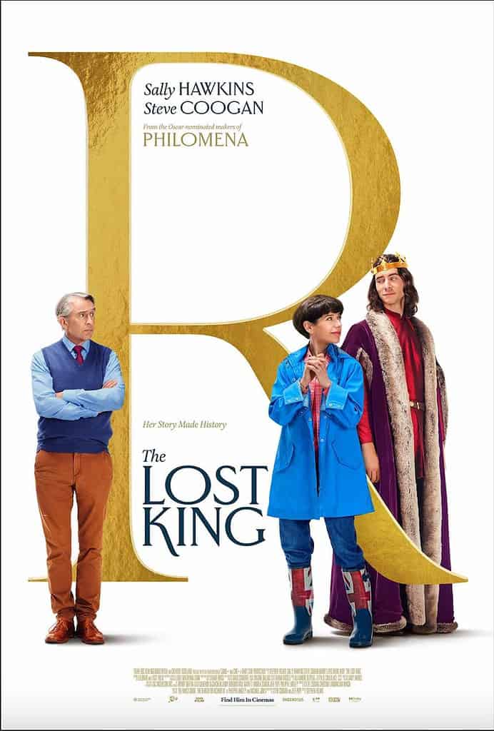 Steve Coogan, Harry Lloyd, and Sally Hawkins in The Lost King poster