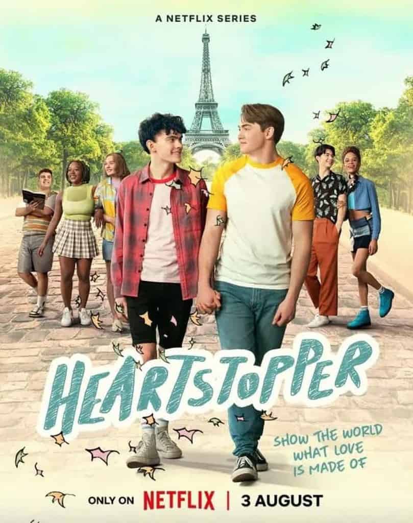 The Heartstopper poster features the main cast with the Eiffel Tower behind them 